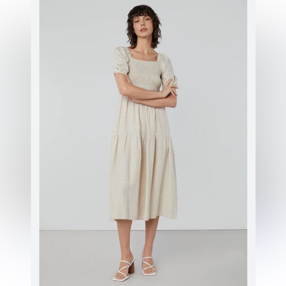 NEW OAK + FORT smocked tiered linen blend midi dress